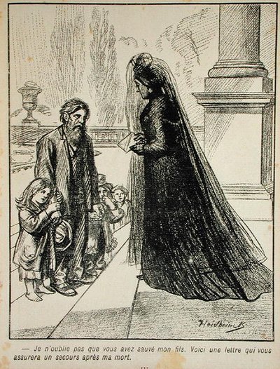 Ik zal niet vergeten dat je mijn zoon hebt gered. Hier is een brief die verzekert dat je na mijn dood verzorgd zult worden., uit lAssiette au Beurre, 1901 door Oswald after Heidbrinck